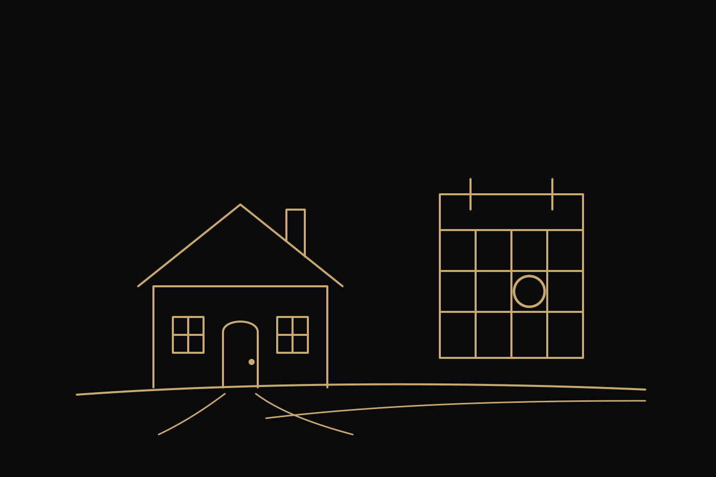 Gold line illustration of a home with an arched door and a calendar beside it with one date circled, on a black field