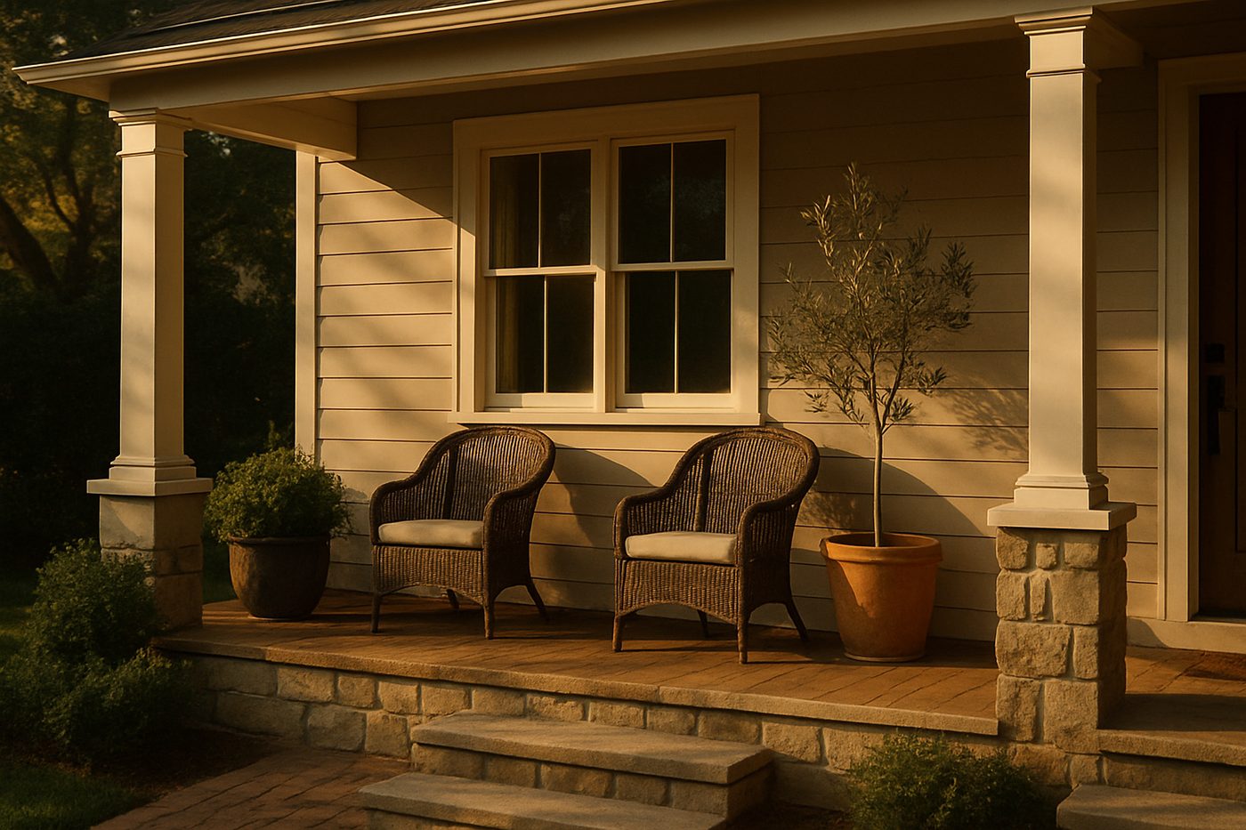 Editorial photo of a welcoming covered front porch with seating and potted plants in warm afternoon light