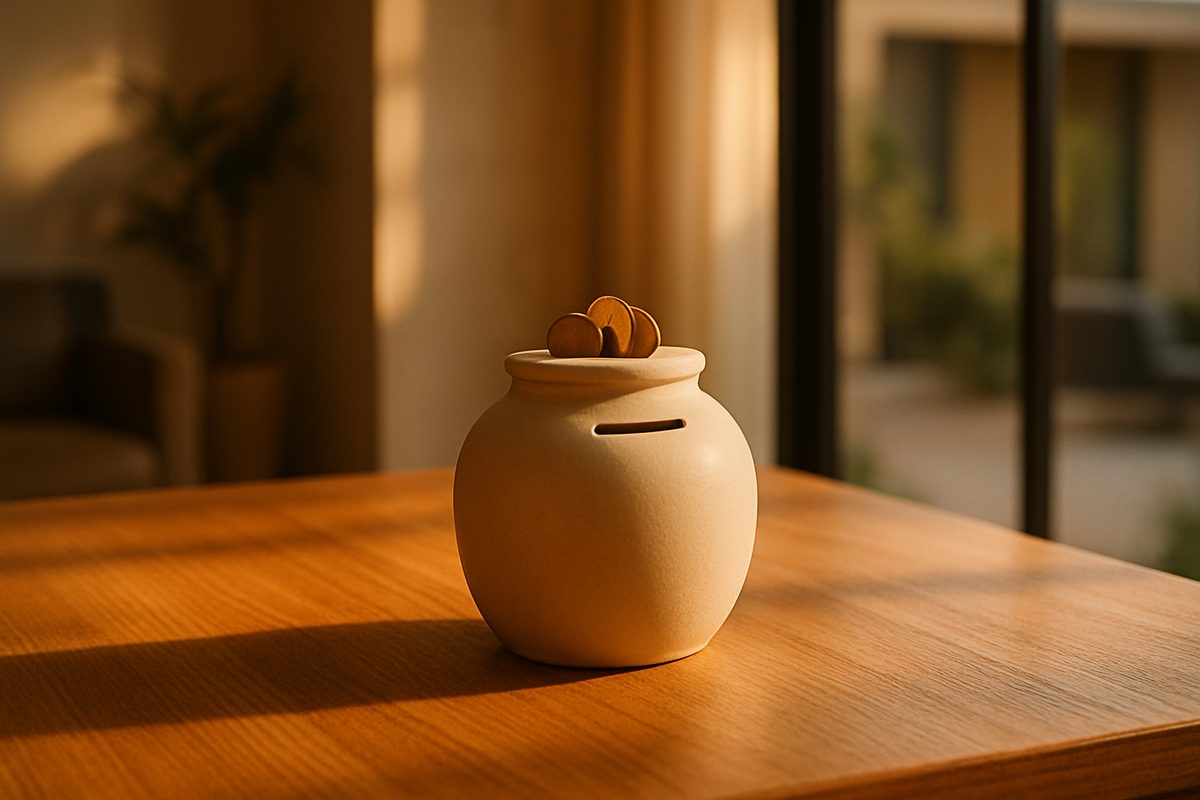 Editorial still life of a ceramic jar holding coins on a wooden table in warm light