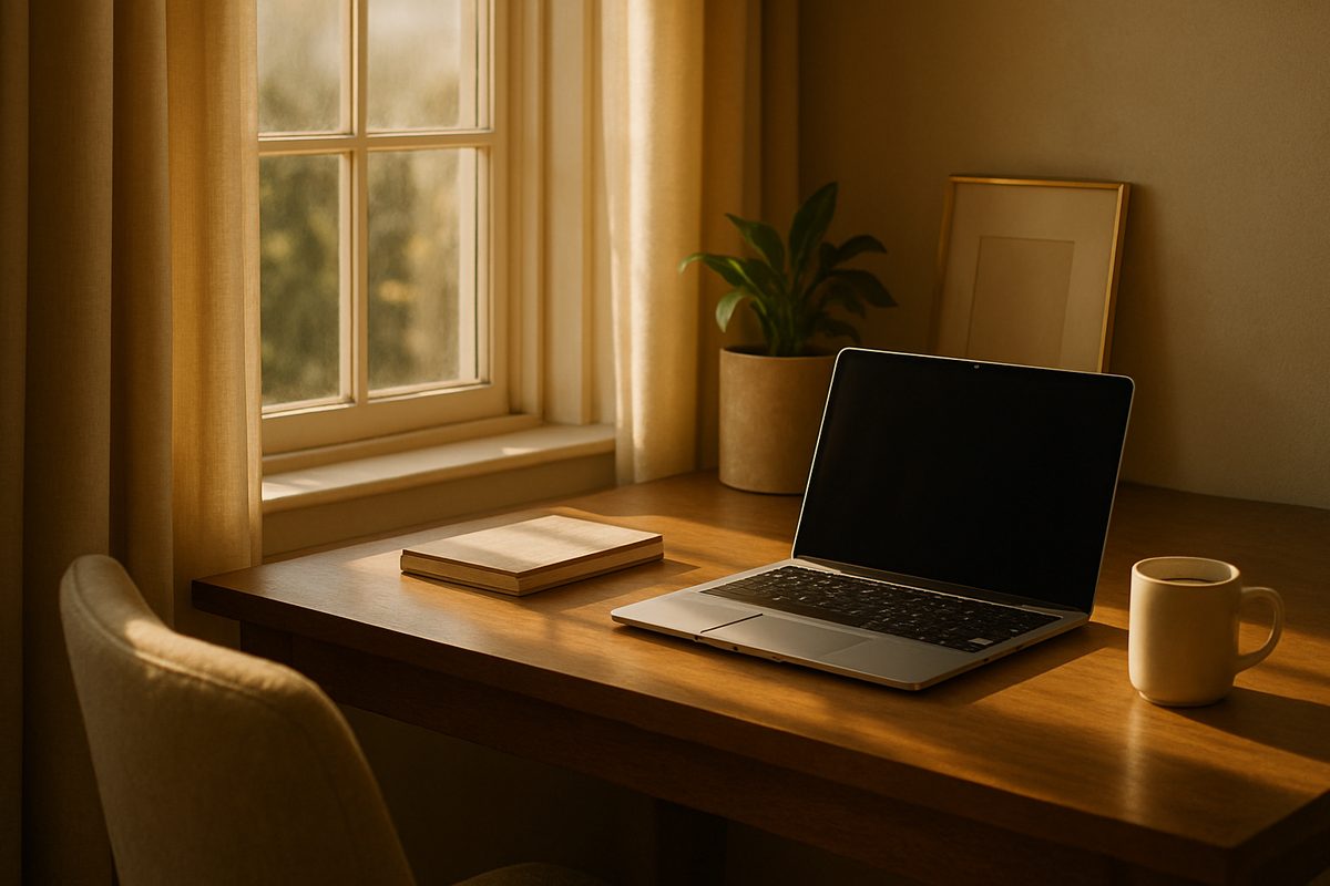 Editorial photo of a calm home workspace with a laptop and coffee by a window in morning light