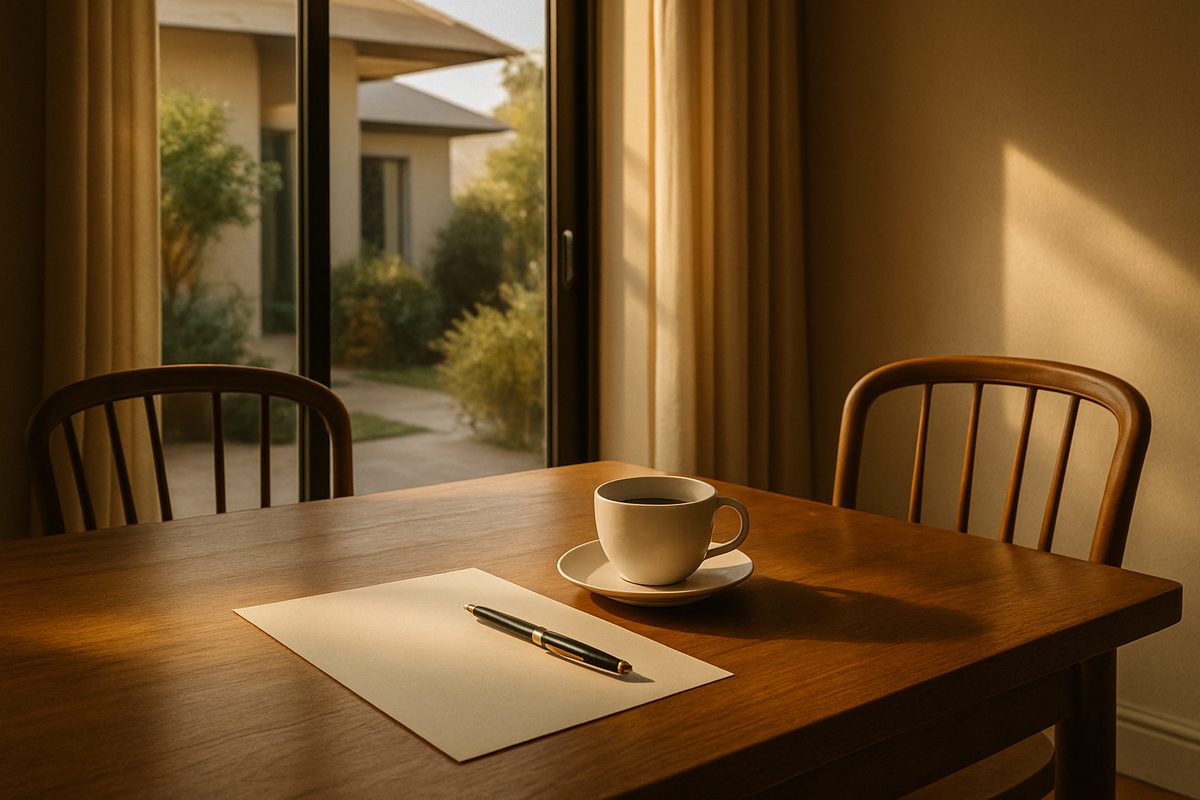 Editorial still life of a pen resting on blank paper beside a cup of coffee on a wooden table