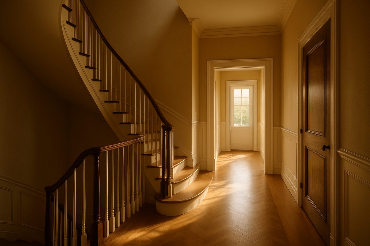 Editorial photo of a serene, empty home hallway and staircase in warm light