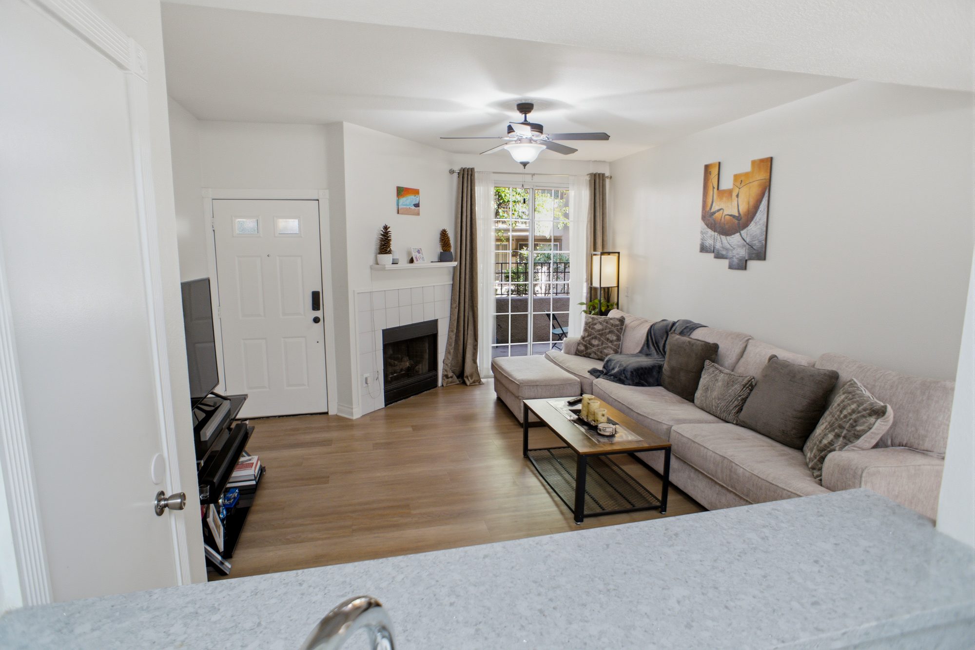 View from the kitchen toward the living area and the patio